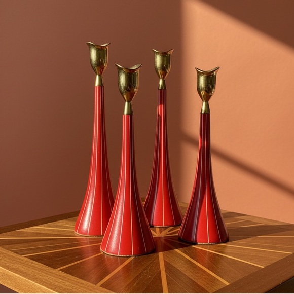 Serv Wood Other - Vintage Rare Red Serv Wood Candlestick Holders Set of 4 | MCM Danish Modern